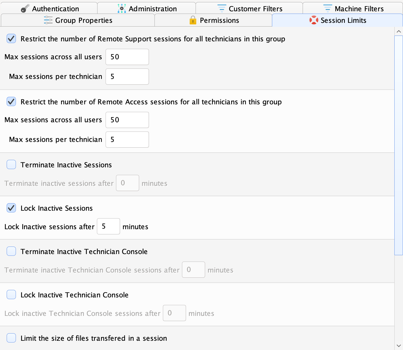 Session Limits Screenshot