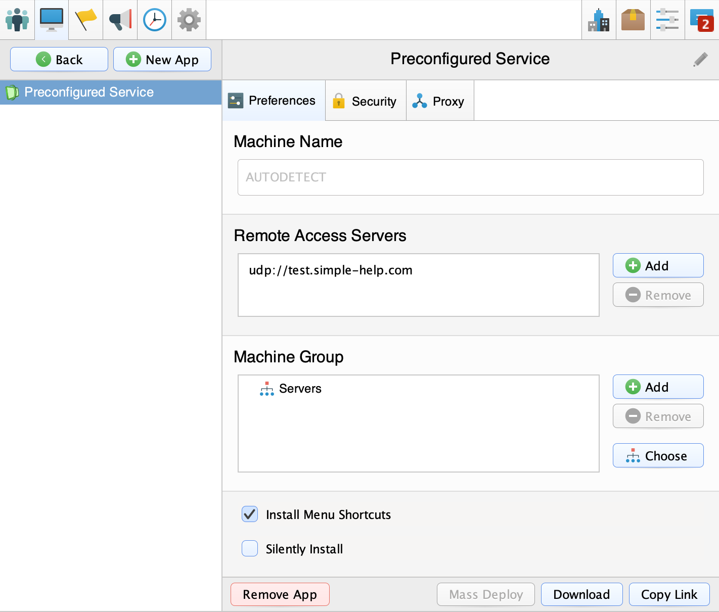 Preconfigure Service Screenshot