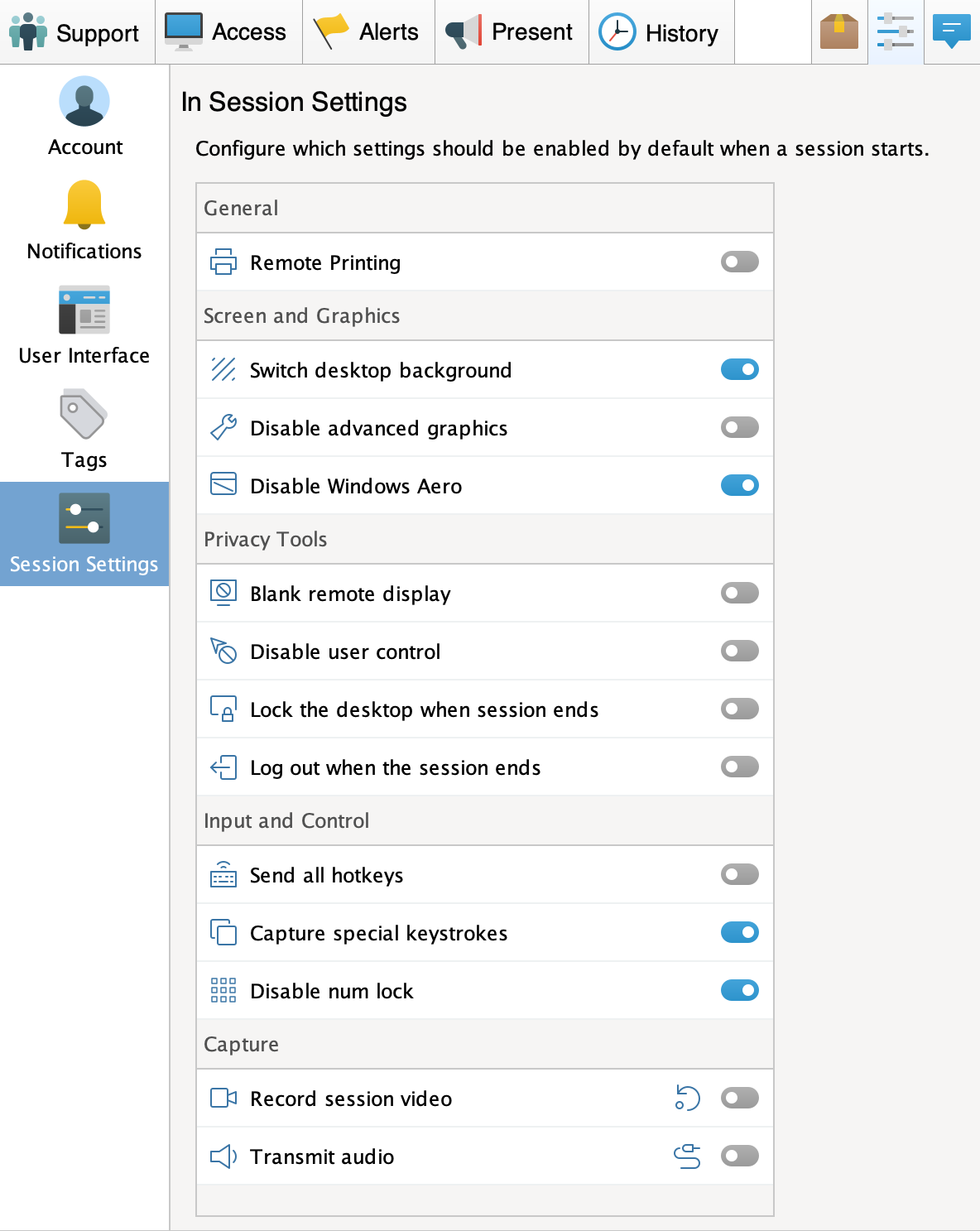 Session Settings Screenshot