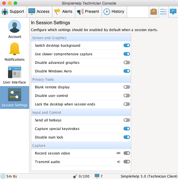Session Settings Screenshot